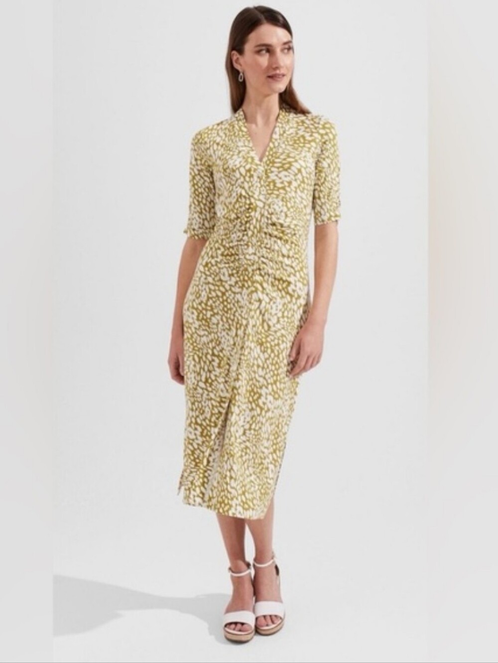 Hobbs Hatty Jersey Midi Dress UK 16 US 12 Olive Ivory Ruched Button Front NWT